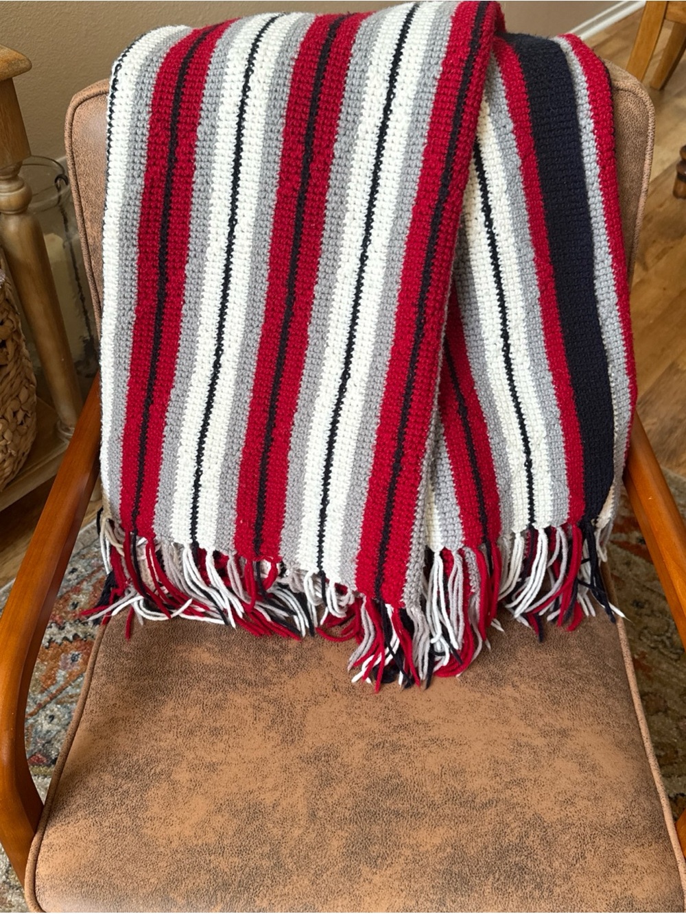 Handmade Crochet Afghan Throw 59x46 Red Gray Navy White Fringe Southwestern